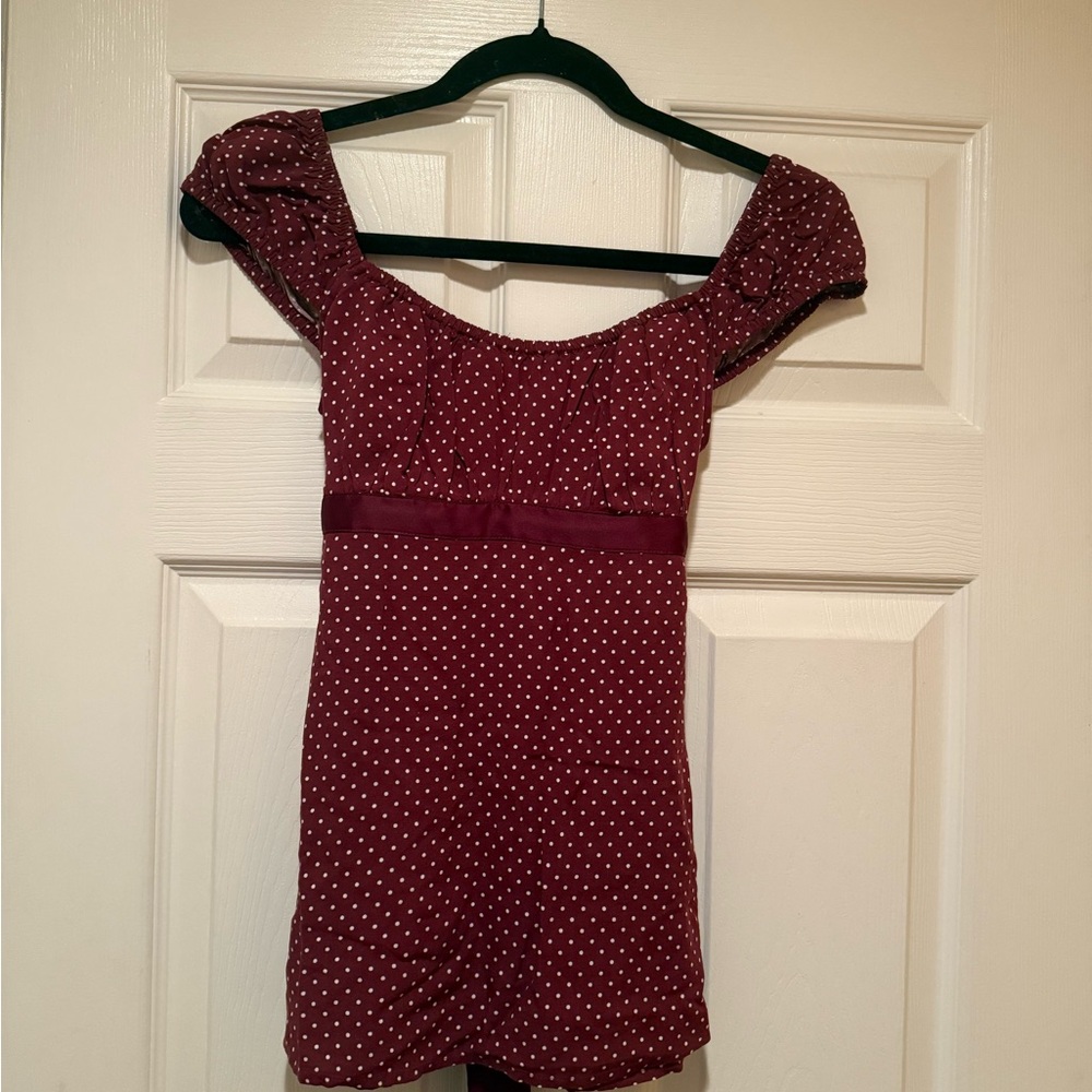 Hollister Easy Satin Tie Babydoll Mulberry Dot Top XXS